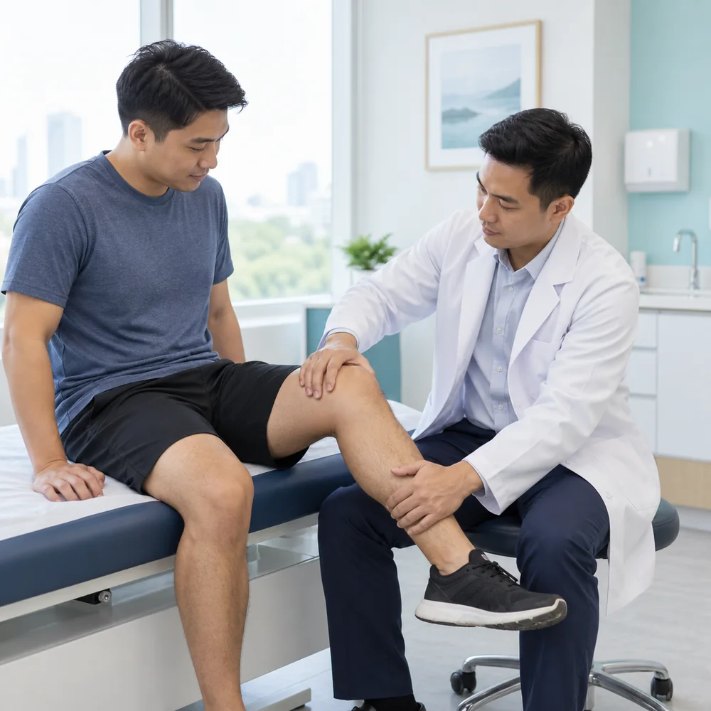 Male doctor examining a male patient’s knee during a consultation