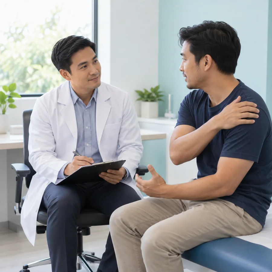 Doctor listening while a male patient describes shoulder pain