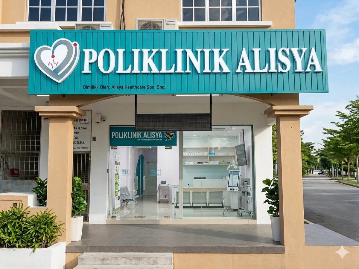 Exterior view of Poliklinik Alisya Puchong with the clinic sign and entrance