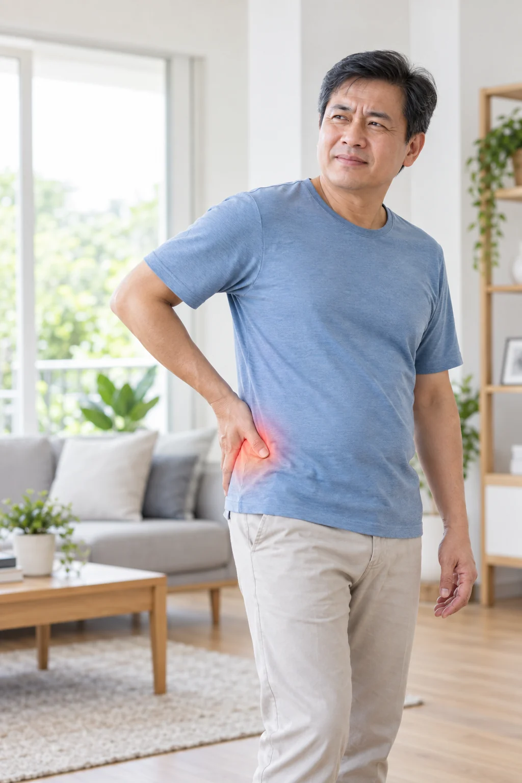 Middle-aged adult experiencing lower back and hip pain