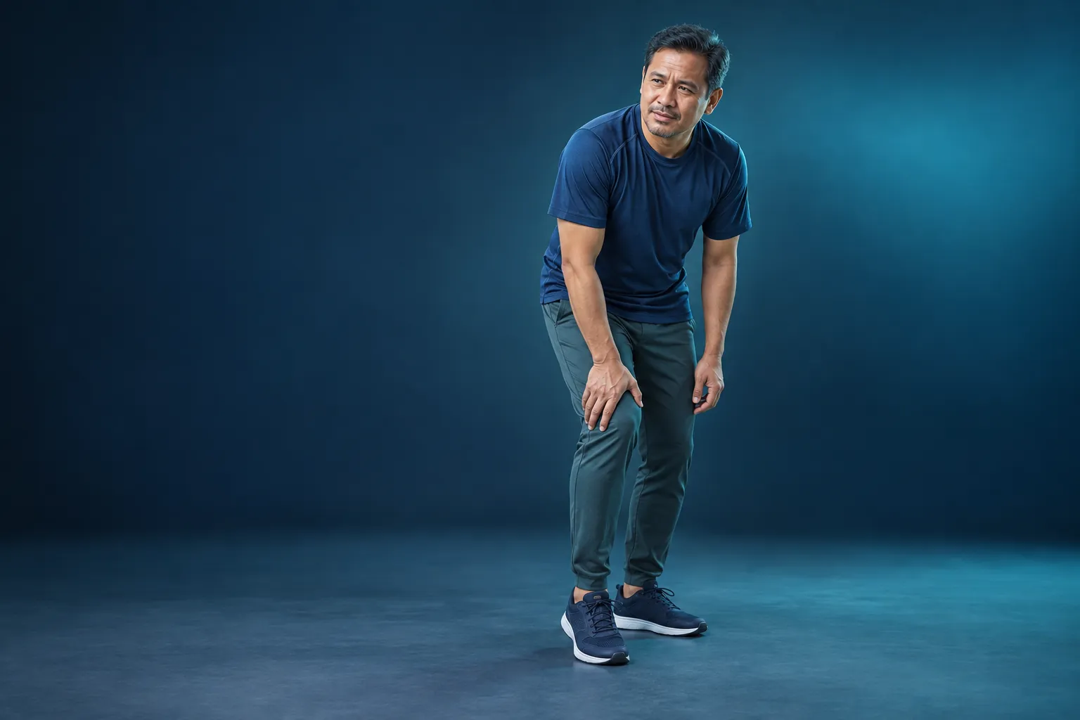Middle-aged Asian man holding his painful knee after movement