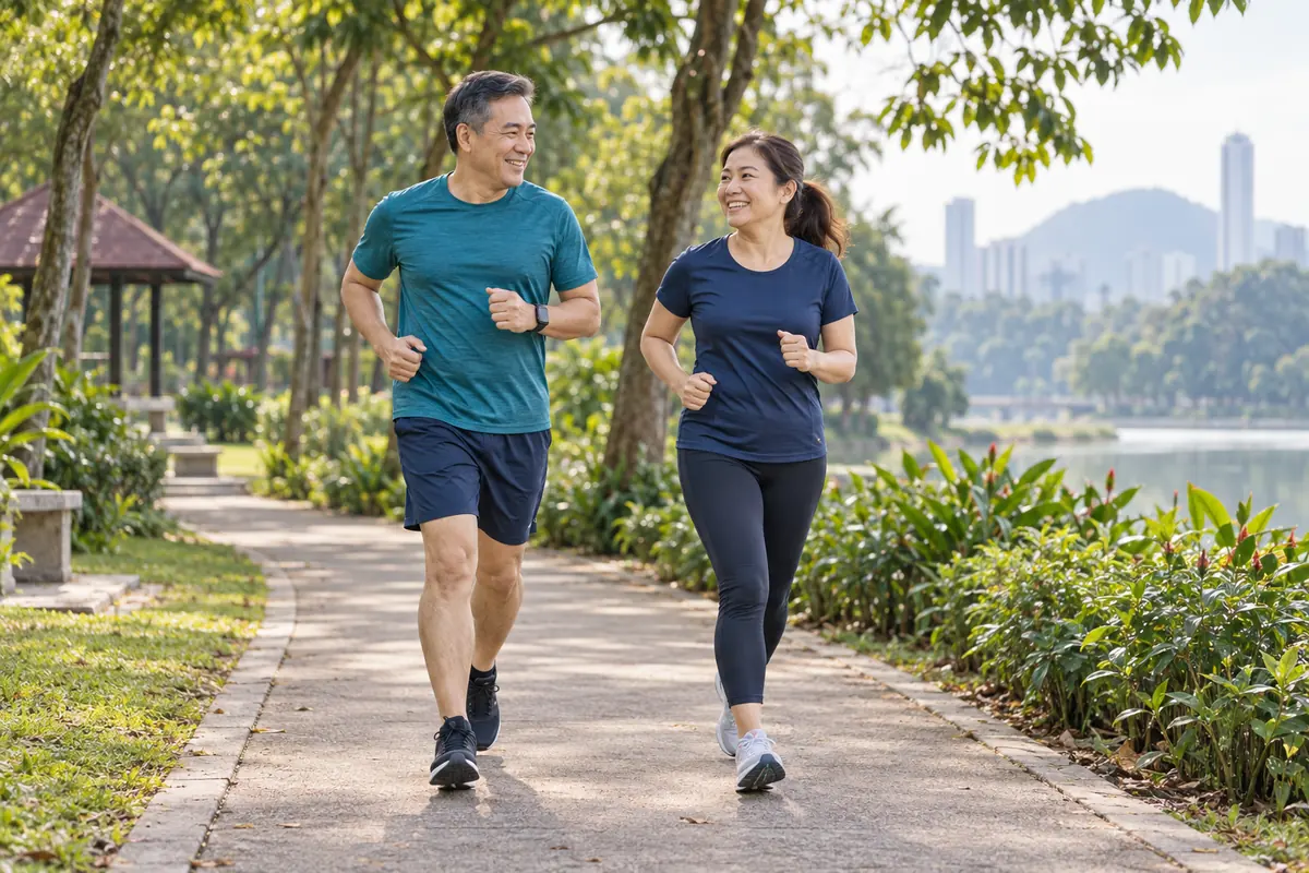 Middle-aged Asian man and woman jogging together with pleasant smiles in a leafy park